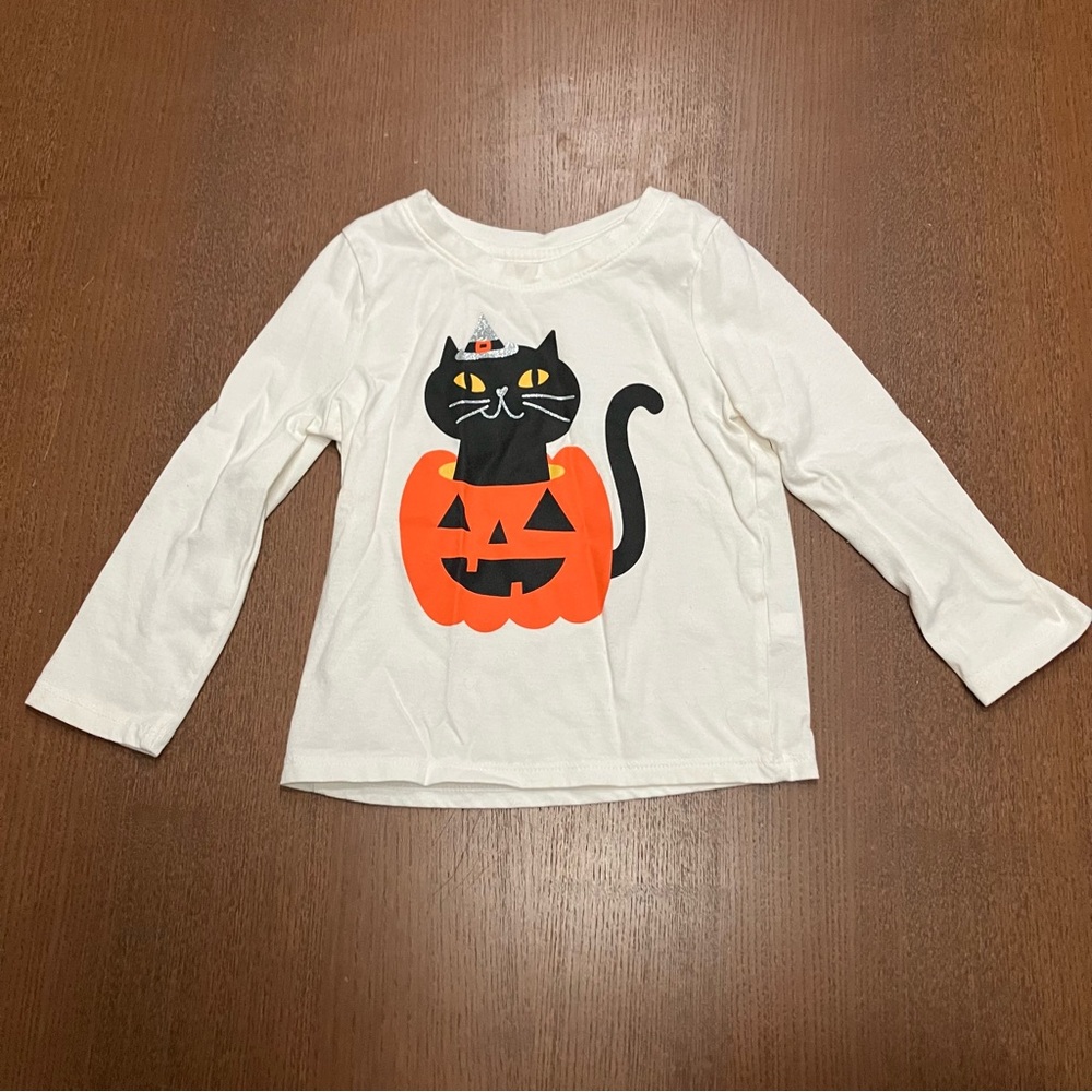 Cat & Jack White Long Sleeve Tee with Black Cat and Orange Pumpkin Halloween